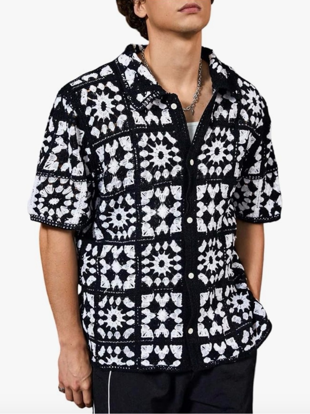 MORSECODE CROCHET OPEN LOOSE KNIT SQUARE PATCHWORK BLACK  BUTTON SHIRT L Sweater
